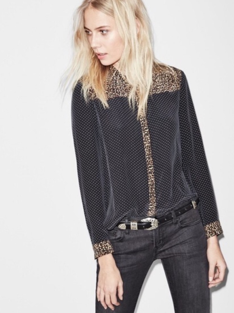 The Kooples Silk Polka Dot Leopard Print Button Down Shirt L